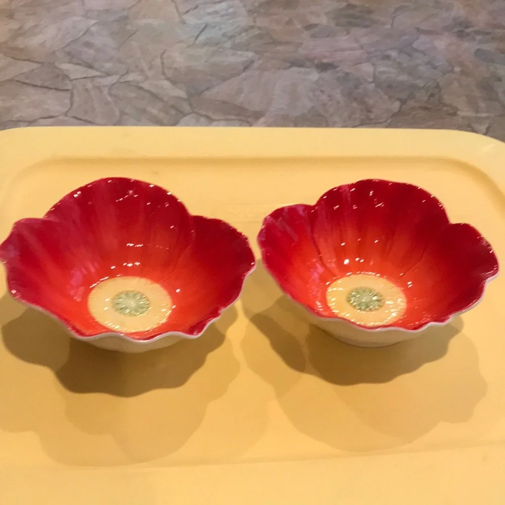 PIER 1  Bowls Red Yellow Flower Bowls Ice Cream Dishes Set of 2